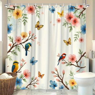 Vibrant Nature-Inspired Shower Curtain - Birds, Butterflies & Flowers, Soft Polyester, Lively Bath Decor