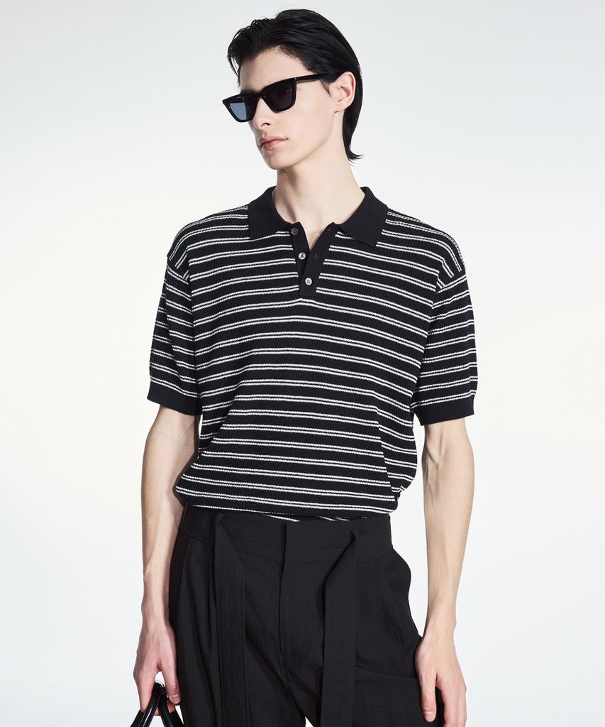 Tienjiti Striped Polo Washable Knit (Black) Tnsw6E202Bk