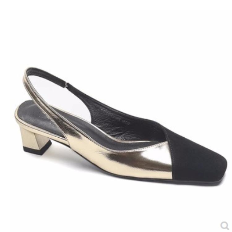 Women Square Toe Sandals Black Toe Patchwork Pumps Gold Sliver Slingbacks Mid Heels Summer Female Dress Shoes Plus Size 41 1363N