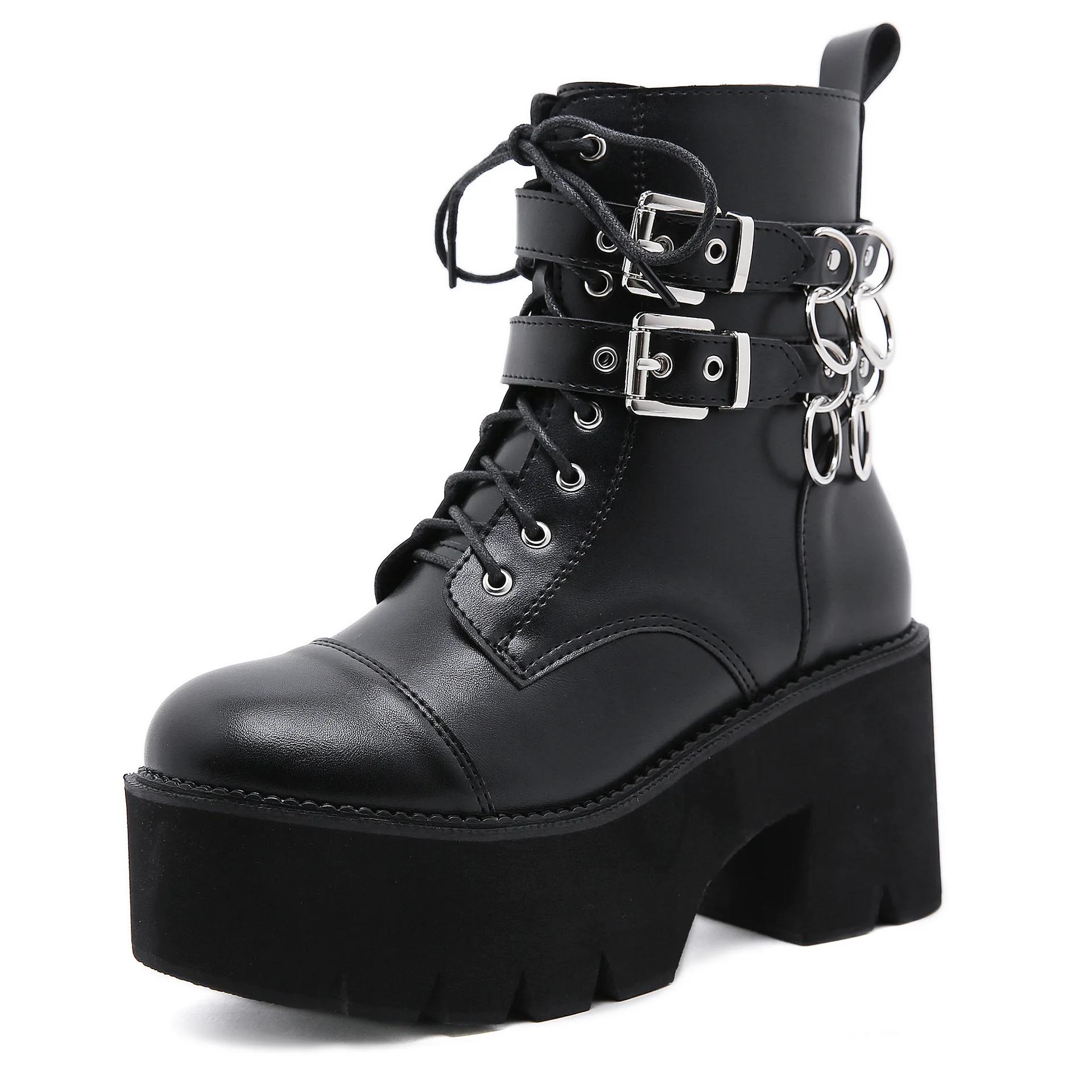 

Модные европейские и американские металлические пряжки на ремне ботильоны боковая молния маффин низ передняя шнуровка женские ботинки Обувь на высоком каблуке 35 чёрный