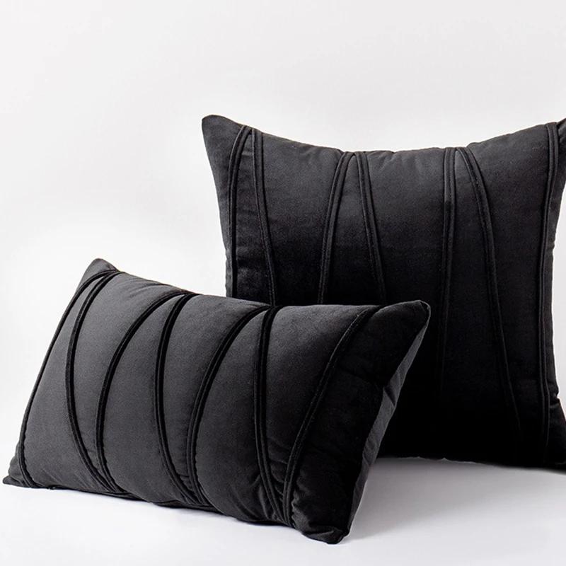 

1 шт. Скандинавська оксамитова декоративна подушка, компресійна мотузкова стрічка, смугаста компресійна стрічка, наволочка та європейська диванна подушка для домашнього декору 45x45cm 1pc cover чорний