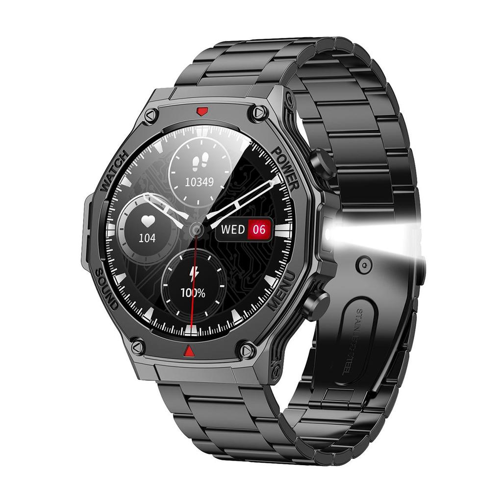 Militärische QTLLBT SmartWatch 1,46 Zoll HD LED Taschenlampe Kompass Fitness Tracker mit Funktion Sportuhr, Herzfrequenz SPO2 Kompatibel mit