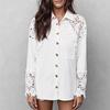 Camicia con ricamo a punto croce, colletto ricamato, manica lunga, spalle scese, tinta unita, poliestere, per pendolari, stile primaverile