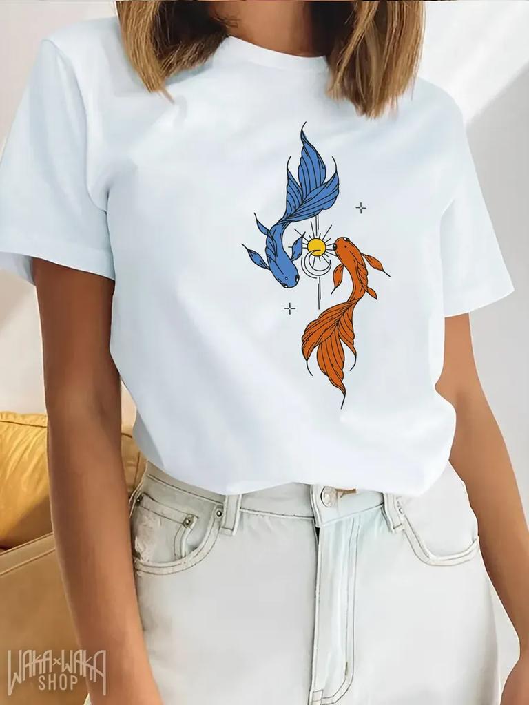 White T-Shirt with Fish Print for Spring
