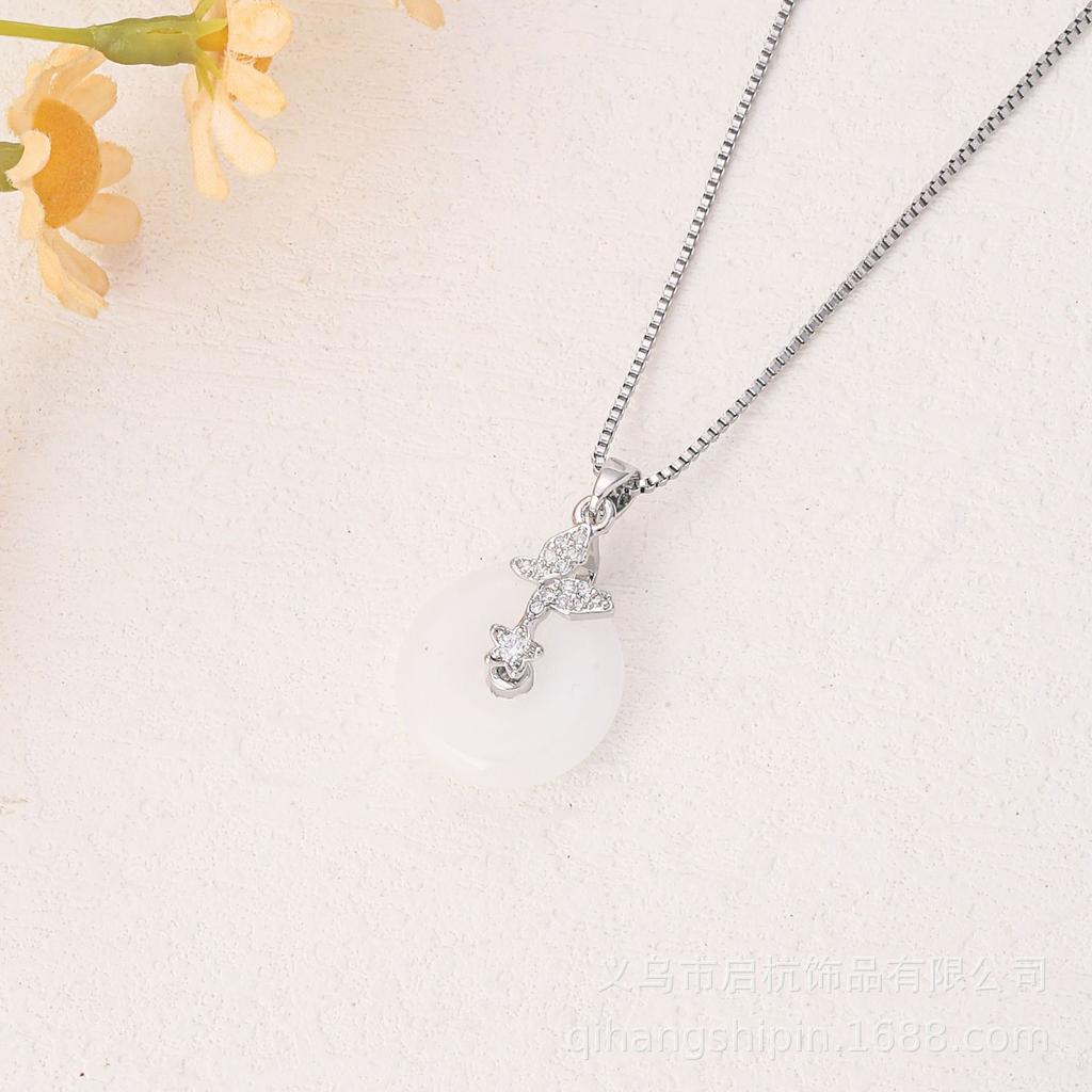 Ping An Buckle Necklace Women'S Light Luxury Retro Guochao Inlaid White Jade Pendant Necklace