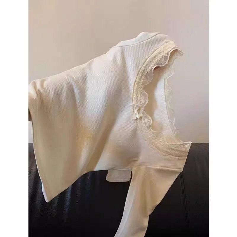 Elegant Lace Trim Long Sleeve Slim Fit Women's Top - Early Spring to Winter