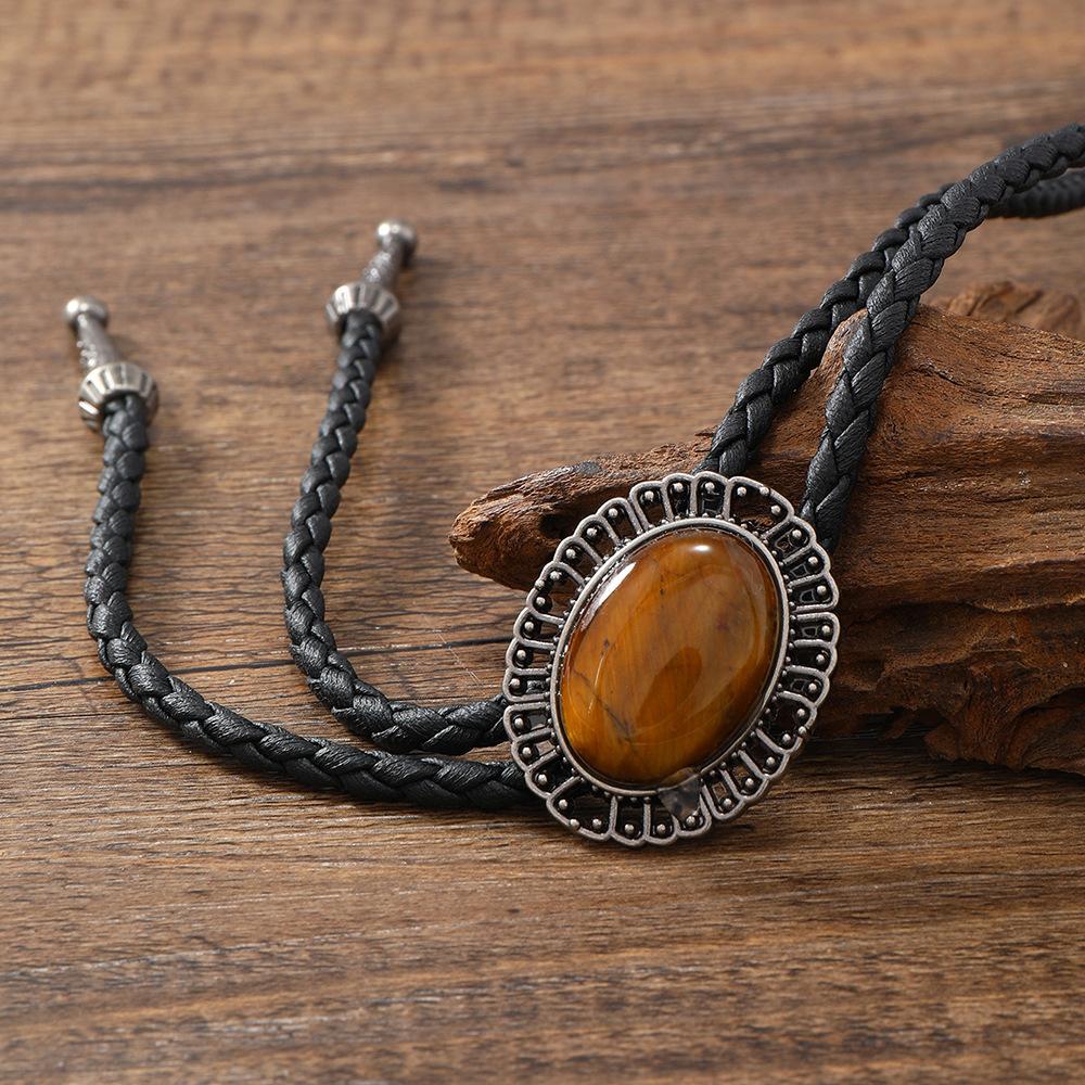 Vintage Metal Stone Black Hat Bolo Tie with Gemstones Leather Rope Pendant Necktie Jewelry Western Tie Western Necklace Costume