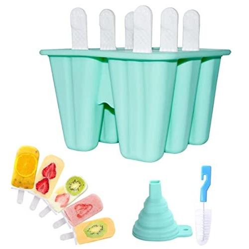 6-Compartment Silicone Popsicle Molds Set with Funnel & Cleaning Brush, Easy Release Reusable BPA Free Ice Pop Molds, Green