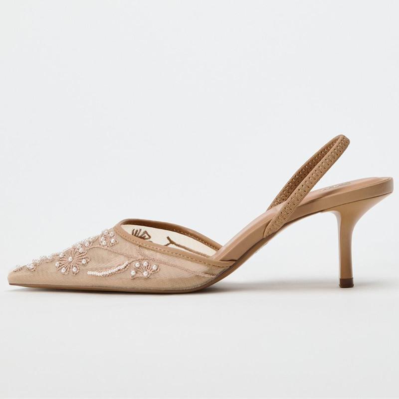 Fashion Luxury Mesh Embroidery High Heels Women Sexy Pointed Toe String Bead Slingback Heeled Sandals Summer Elegant Banquet Dress Shoes