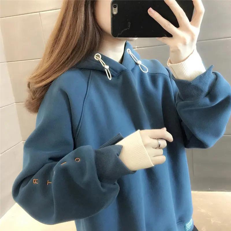 

Хлопковая толстовка женская, осенняя, с капюшоном, удобная утолщенная, искусственная, из двух предметов, однотонная, повседневная, универсальная толстовка L синий