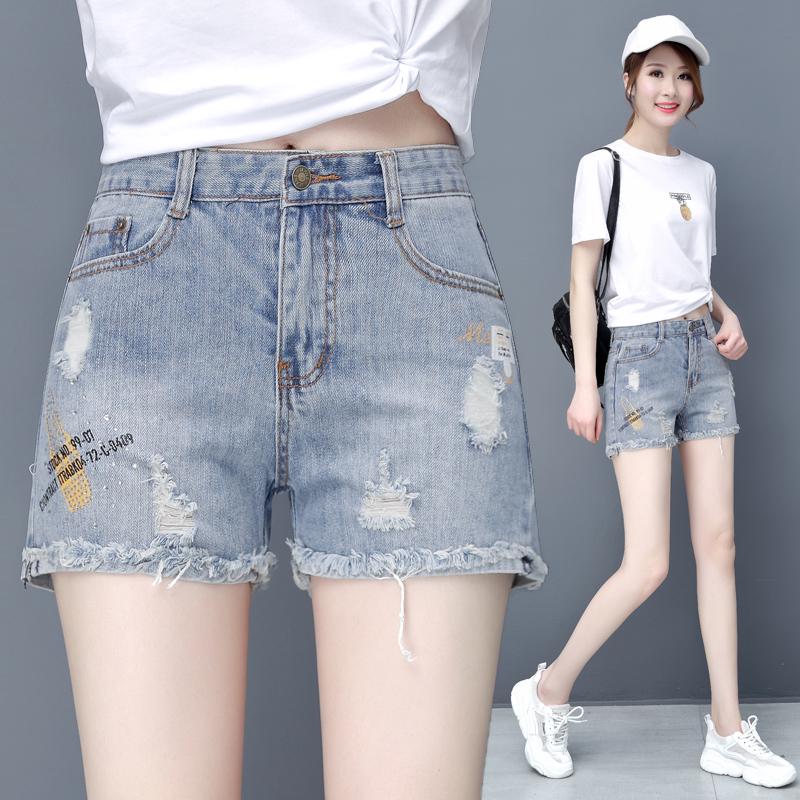 

Женские утягивающие джинсовые шорты с высокой посадкой и рваным декором - Коллекция Лето 2025, Маленький размер, Необработанный край, Прямые шорты XL 29