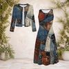 Women Plus Size Two Piece Dress Set Round Neck Long Sleeve Blue White Printed Cropped Cardigan Sleeveless Dress