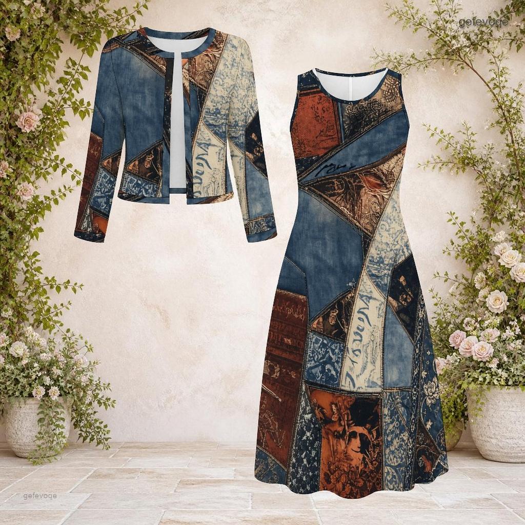 Women Plus Size Two Piece Dress Set Round Neck Long Sleeve Blue White Printed Cropped Cardigan Sleeveless Dress