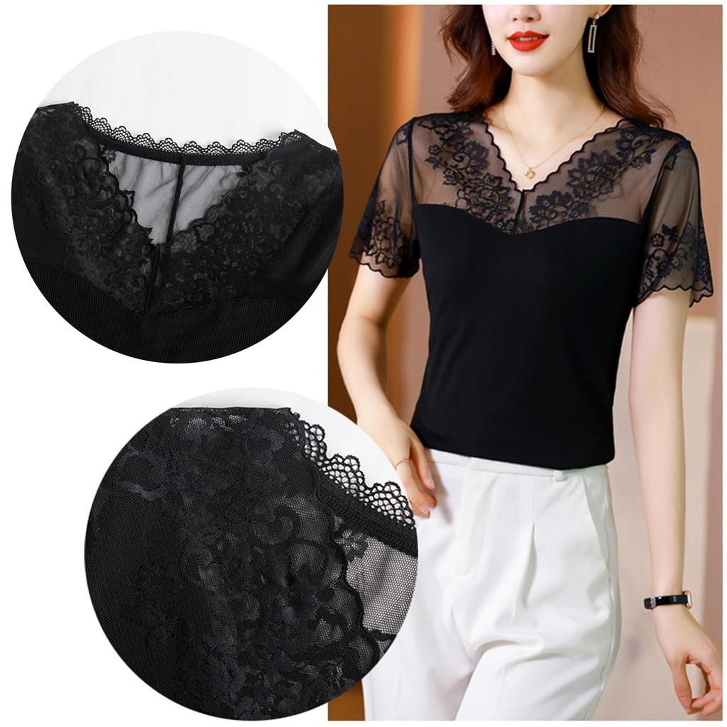 Embroidered Lace Tops for Short Sleeve Cut and Summer Everyday Going Pullover Tops Design [SYitong] Women, Black, Summer, Blouse, Sewn, Slimming,