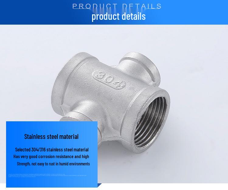 304 Stainless Steel 4-Way Reducing Tee with Inner Thread, 4-Point Pipe Fitting Cross Joint