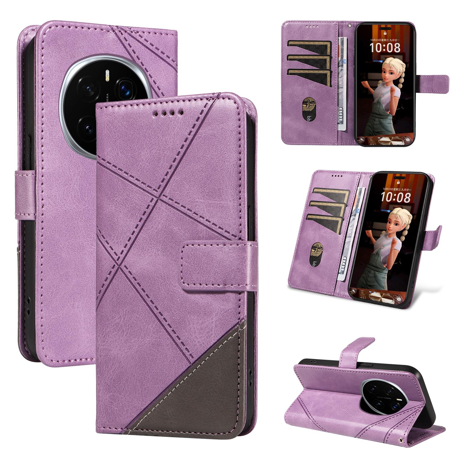 

Шкіряний чохол для Honor Magic7 Pro 5G з геометричними лініями, гаманець, чохол для телефону з ремінцем на зап ясті Purple