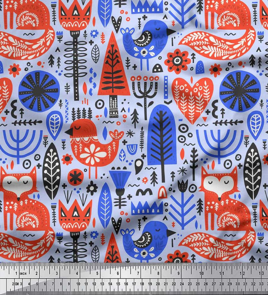 Soimoi Beige Poly Crepe Fabric Tree & Fox Folk Art Fabric Prints By Metre 42 Inch
