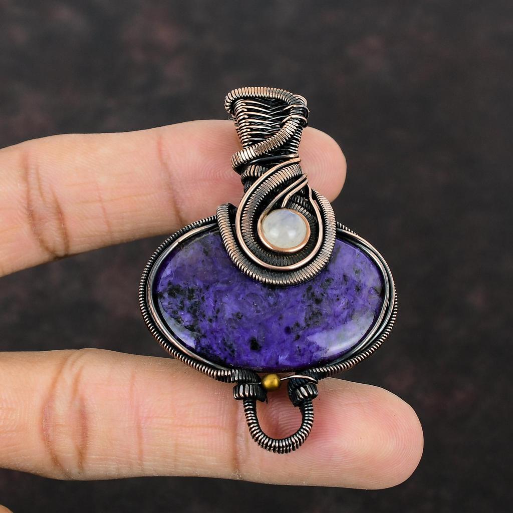 Pandantiv Charoit Pandantiv Înfășurat în Sârmă de Cupru Bijuterii cu Pietre Prețioase Pandantiv Făcut Manual Pandantiv Piatră Lunii Curcubeu Bijuterii din Cupru Antic Cadou Pentru Ea