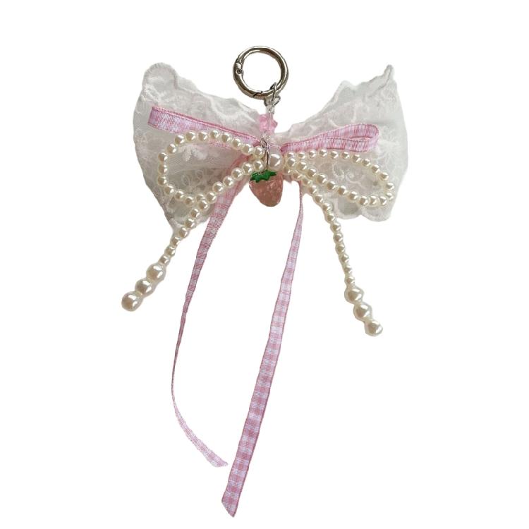 Einzigartiger Perlen-Spitzen-Schleifen-Taschenanhänger mit tragbarem, robustem Stoff und Erdbeer-Motiven für den täglichen Freizeitgebrauch