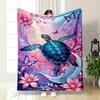 Colorful Sea Turtle with Flowers and Butterflies Flannel Blanket for Bedroom, Living Room, Sofa, and Nap Sofas
