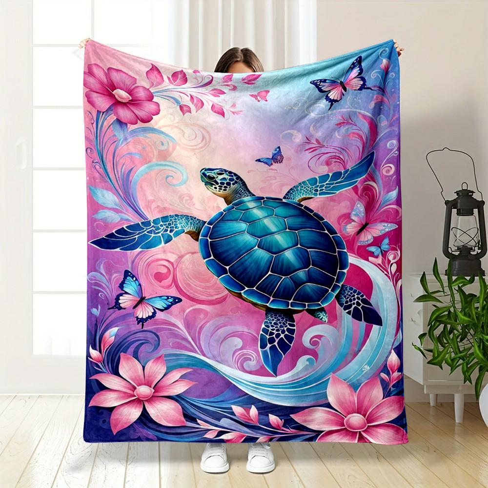 Colorful Sea Turtle with Flowers and Butterflies Flannel Blanket for Bedroom, Living Room, Sofa, and Nap Sofas