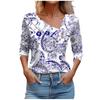 Women's Casual Fashion Printed Long Sleeve Lapel V Neck Button Pullover Top