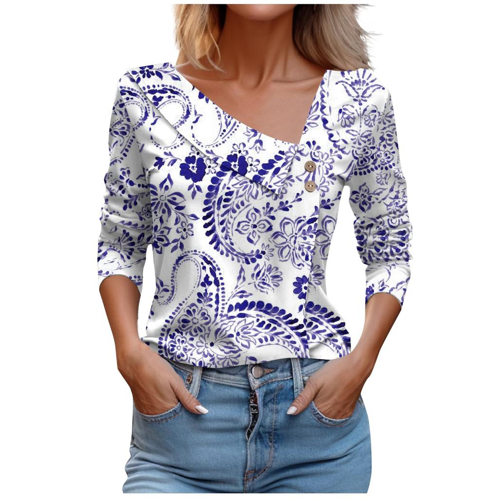 Women's Casual Fashion Printed Long Sleeve Lapel V Neck Button Pullover Top