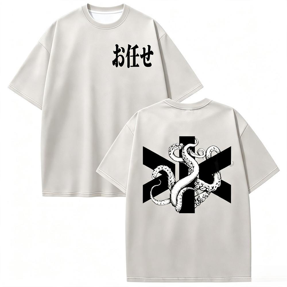 Omakase Sushi Octopus Cross Print Polyester Tshirt Japanese Streetwear Oversized Casual Short Sleeve Tee For Unisex