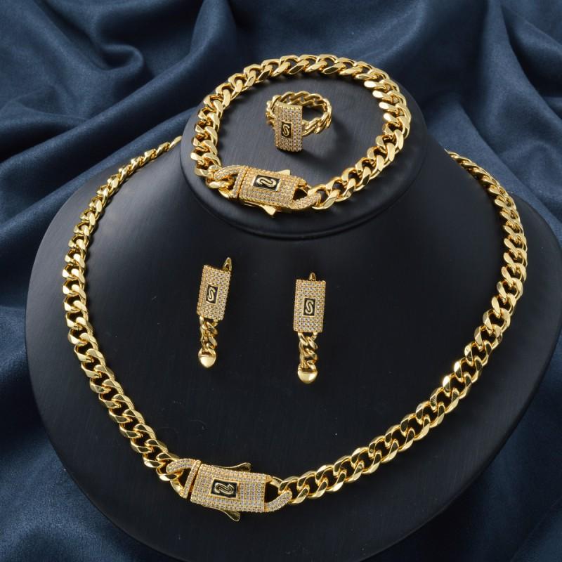 18K Gold Plated Cuban Chain Jewelry Set With Rhinestone Accents Women Necklace Bracelet Earrings