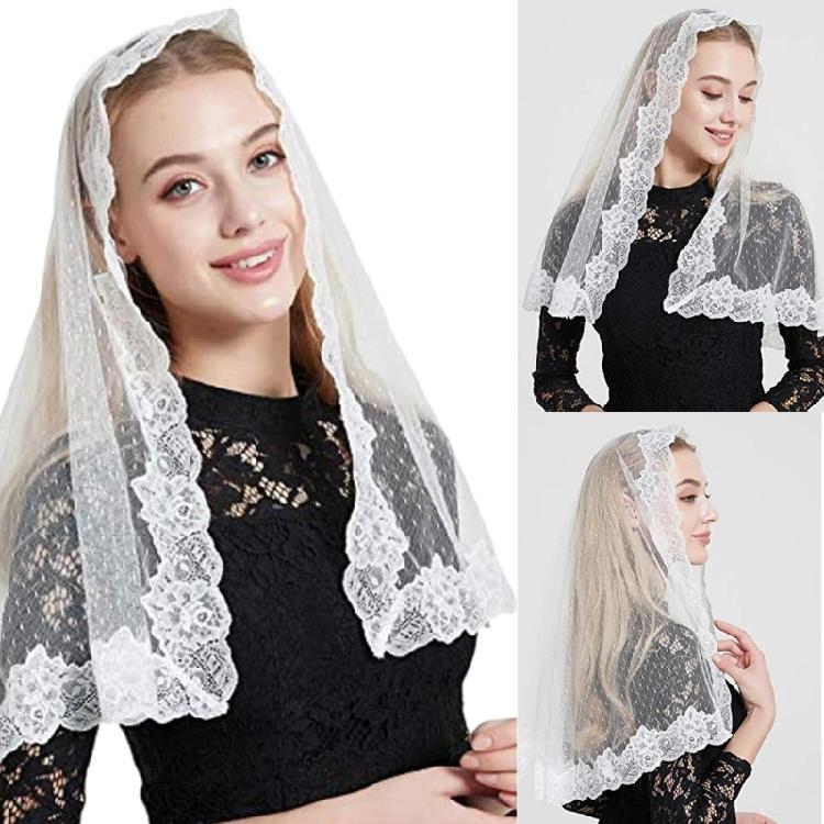 White Simple Veils Laces Traditional Mass Triangles Mantilla Veils for Women for Religious Event