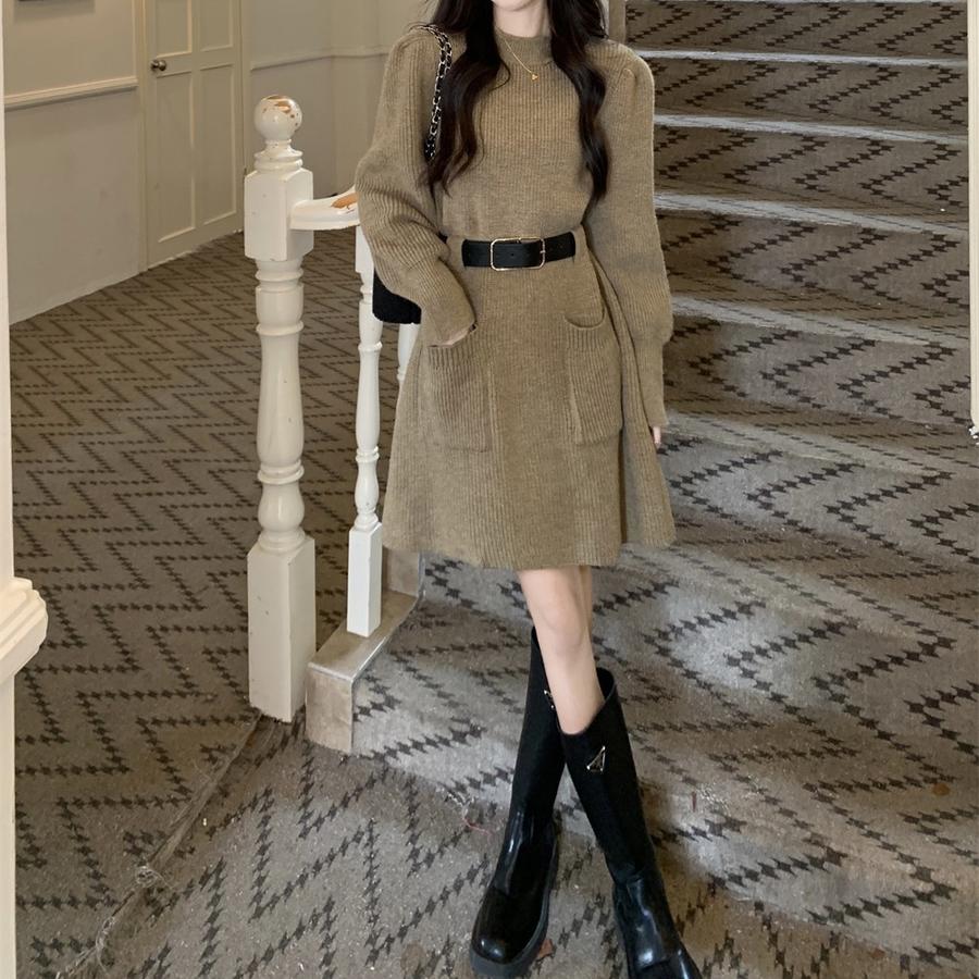 New French Style Petite Knit Dress for Women, Long Sleeve Loose Knit Base Dress for Fall Winter