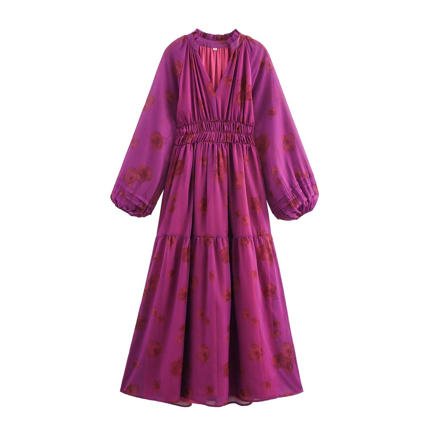 

Весна 2025 Женское платье в европейском и американском стиле с V-образным вырезом, оборками и рукавами-фонариками XS