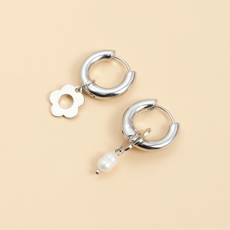 Punk Silver Color Asymmetry Flower Hoop Earrings For Women  Red Zircon Heart Earrings Party Jewelry Accessories Gifts