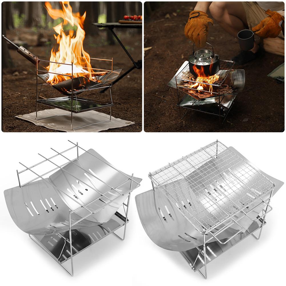 Camping BBQ Grill Portable Camping Fire Grill Folding Outdoor Wood Burner Stainless Steel Campfire Stove for Camping Picnic