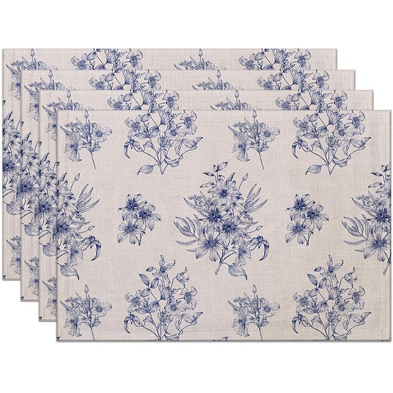 4pcs/6pcs Blue Floral Placemats, Linen Table Mats, Suitable for Dining Tables, Kitchens, Restaurants, Weddings, Parties, Room Decor, Tabletop Decor, H