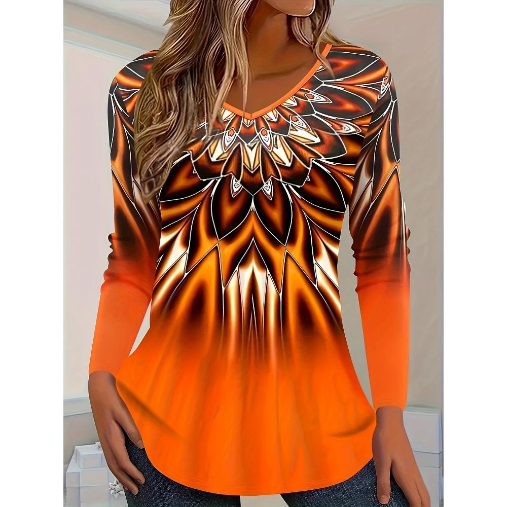 Gradient Geometric Print V-neck T-shirt, Casual Long Sleeved Top, Suitable for Spring and Autumn