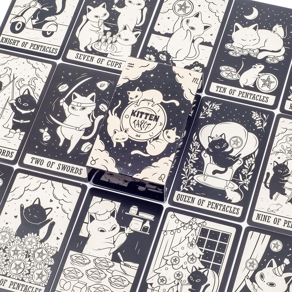 Kitten Tarot Deck 78Pcs Cute Black and White  For Beginners  Version Mysterious Board Game Fun Fortune Telling Kit