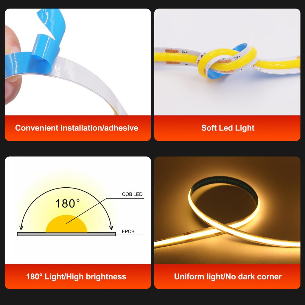 DC 5V LED COB Strip Light USB/2pin/DC Plug Connector High Density Self-adhesive Flexible Background Lighting Tape for Home Decor