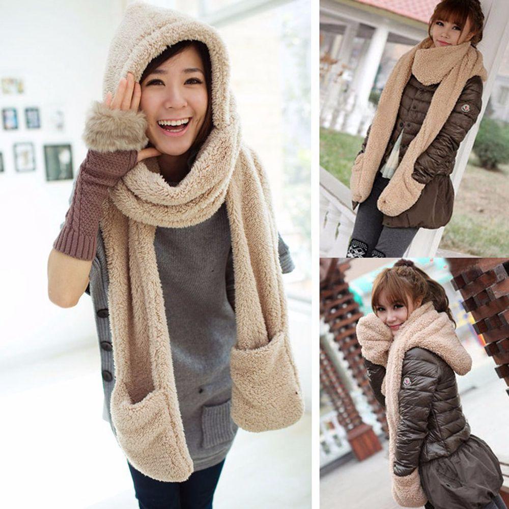 Cute Long Warm Plush Velvet 3 In 1 Hooded Scarf Pocket Gloves Hats