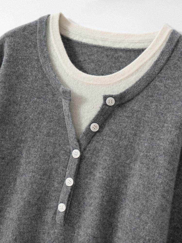 Autumn/Winter Women’s Color Block Cashmere Knit Layered Round Neck Pullover Sweater