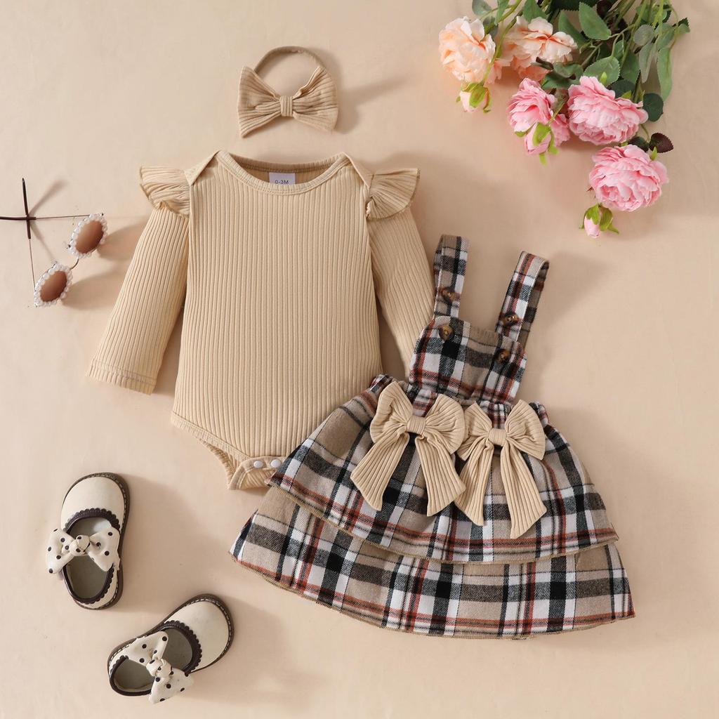 Autumn Baby Girls' Long Sleeve Ribbed Top & Plaid Overalls Skirt Set