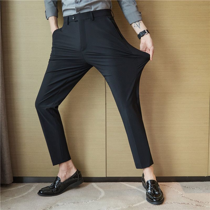 Fashion Men Slim Fit Dark Gray Smart Casual Suit Pants Spring Summer New Ice Silk High Elasticity Business Cropped Trousers