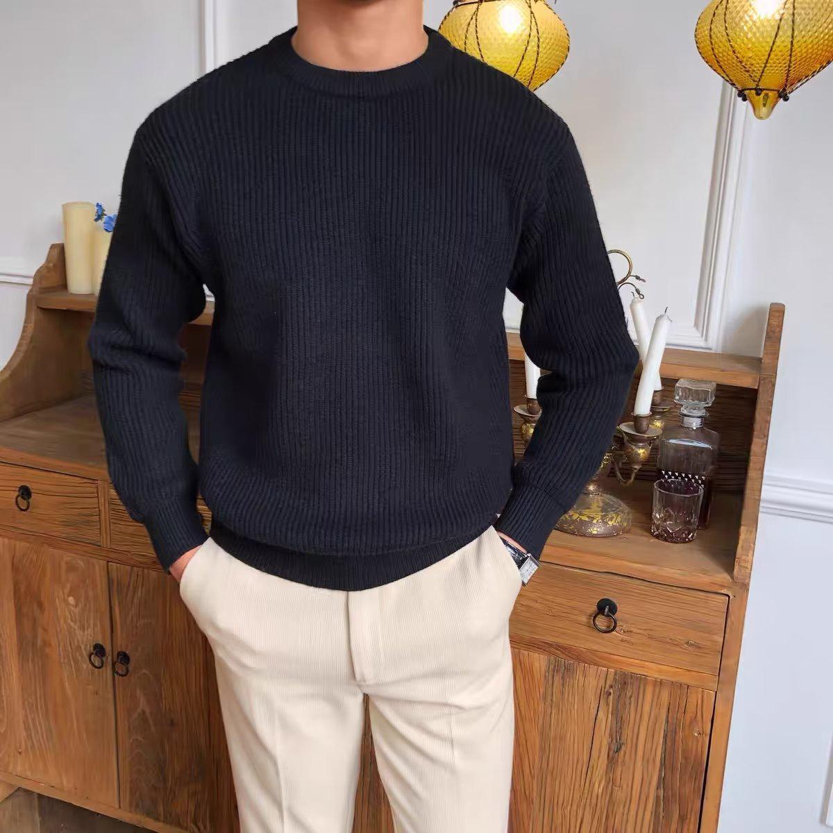 Men s Thick Knit Round Neck Sweater - Autumn Solid Color Casual Pullover, 2022 Trendy Japanese Style M