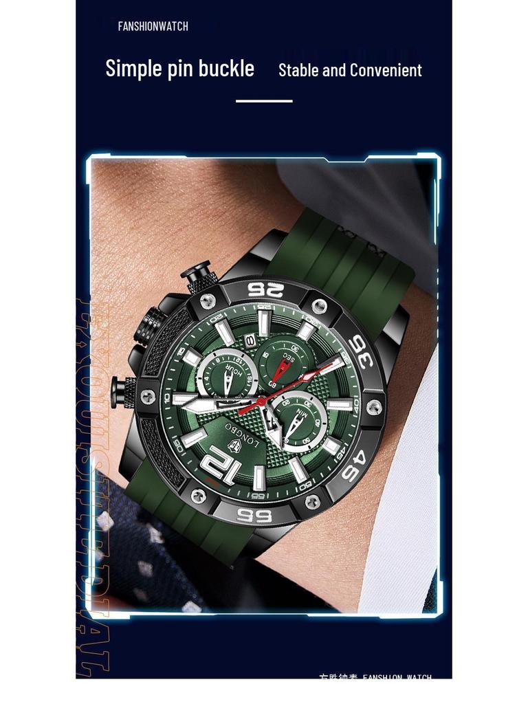 LONGBO Multifunktionale Herren-Sport-Quarzuhr - Wasserdicht, Leuchtend, mit Kalender und Silikonarmband