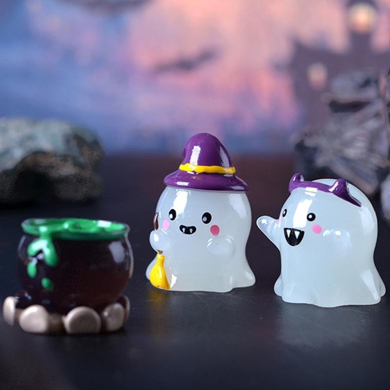 6Pcs/Set Luminous Halloween Ornament Cartoon Wizard Pumpkin Potion Ghost Doll Micro Landscape Decoration Dollhouse Miniature Toy