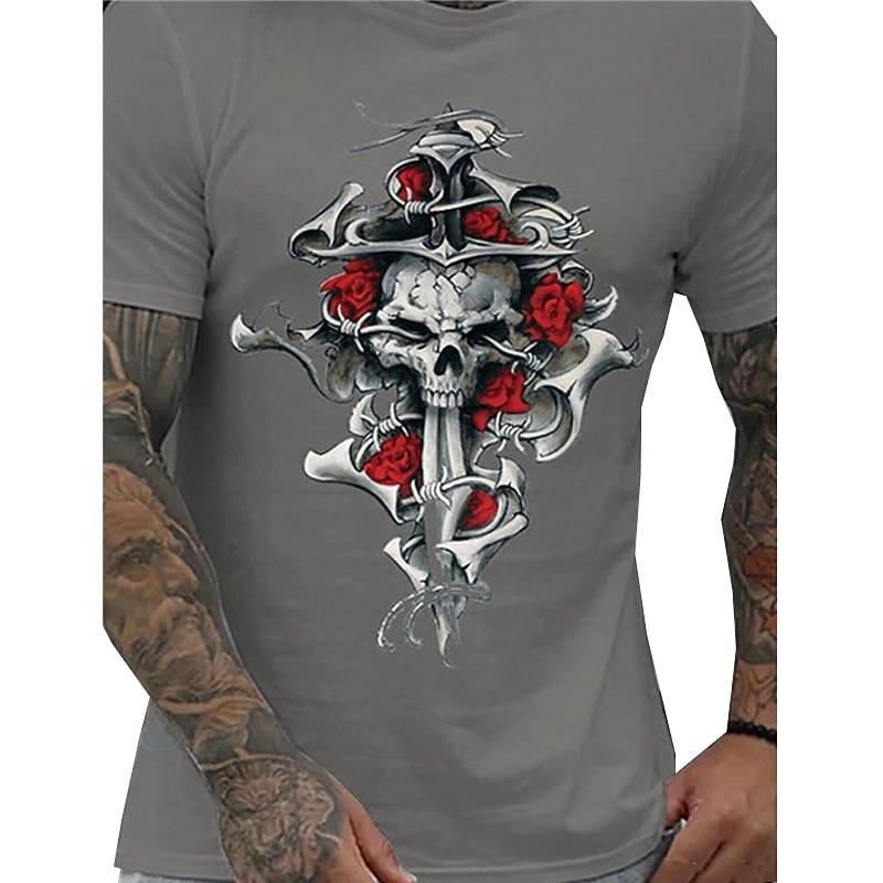 Men's Gothic Skull & Roses Graphic T-Shirt - Edgy Barbed Wire Anchor Tee Short Sleeve