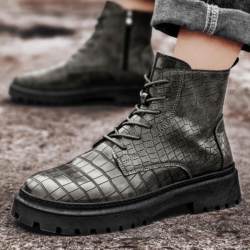 High Quality Retro Crocodile Pattern Men Leather Boots British Style Chelsea Boots Comfy Casual Ankle Boots for Man Botas Hombre