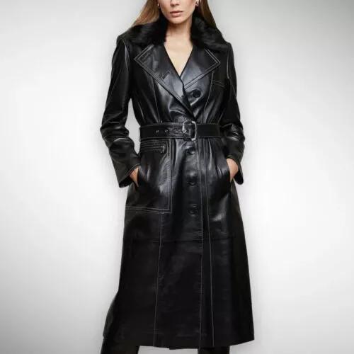 Halloween Stylish Black Women's Formal Party Wear Real Lambskin Leather Trench Coat