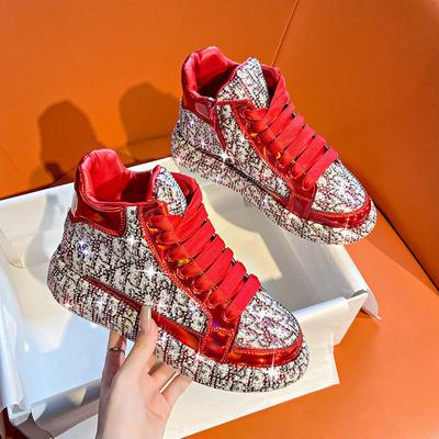 Novos sapatos vulcanizados de cano alto femininos com diamantes brilhantes, sola grossa e design de cano alto, sapatos femininos