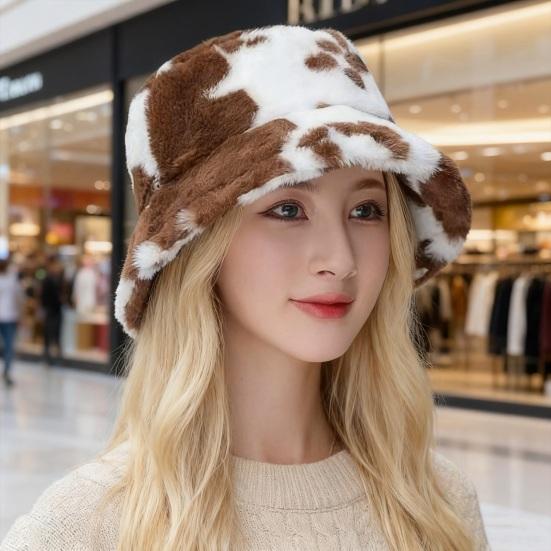 Faux Fur Fisherman Bucket Hat Milk Cow Pattern Warm Cozy Fluffy Bucket Hat Christmas Thanksgiving Headwear